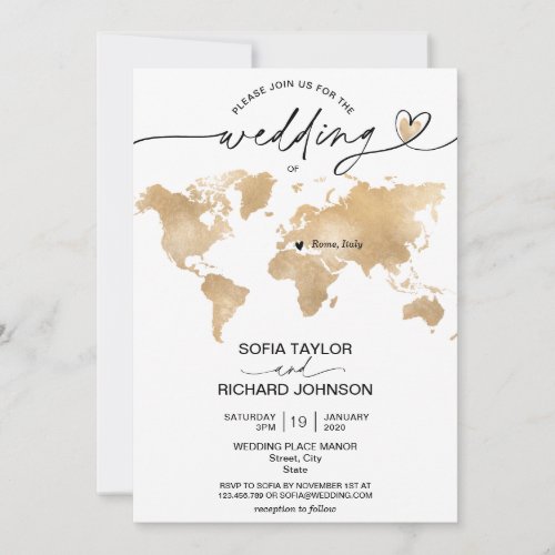 Wedding Destination Gold World Map Heart Invitatio Invitation