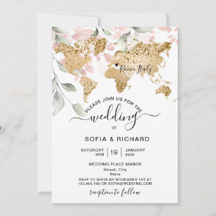 Wedding Destination Gold World Map Heart Invitatio Invitation