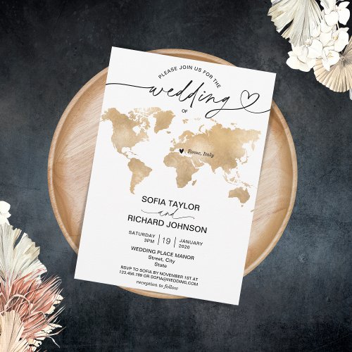 Wedding Destination Gold World Map Heart Invitatio Invitation