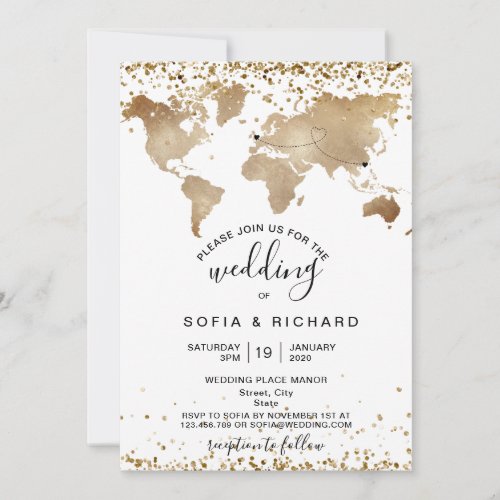 Wedding Destination Gold World Map Heart Invitatio Invitation