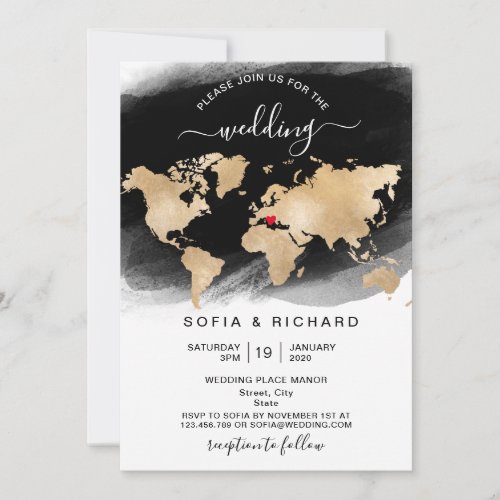 Wedding Destination Gold World Map Heart Invitatio Invitation