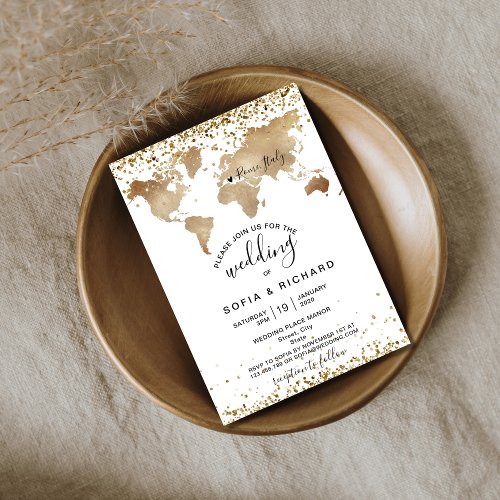 Wedding Destination Gold World Map Heart Invitation