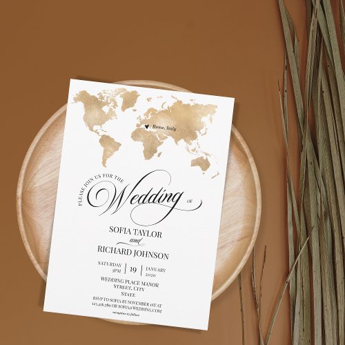 Wedding Destination Gold World Map Typography Invi Invitation