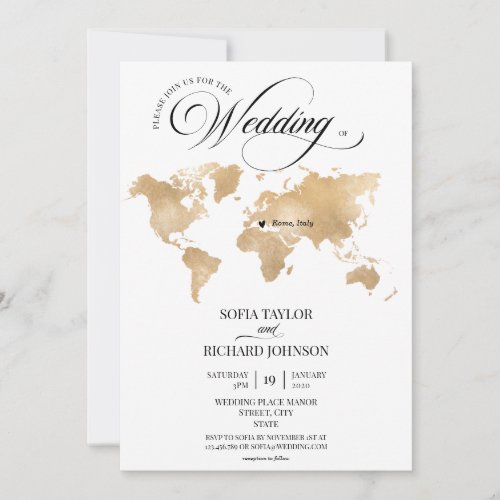 Wedding Destination Gold World Map Typography Invitation