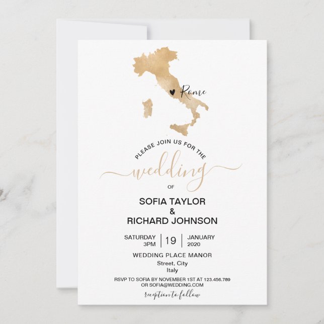 Wedding Destination Italy Gold Movable Heart Invitation (Front)