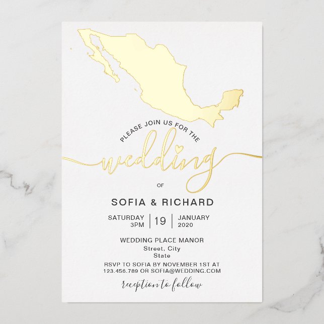 Wedding Destination Mexico Gold Foil Heart Foil Invitation (Front)