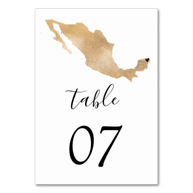 Wedding Destination Mexico Gold Map Heart Table Table Number (Back)