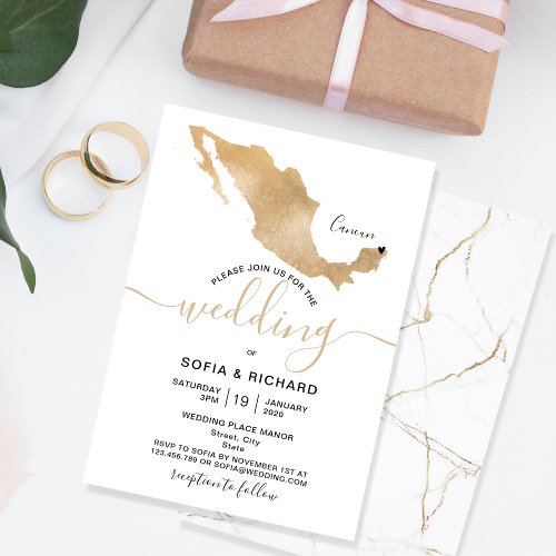 Wedding Destination Mexico Gold Movable Heart  Inv Invitation