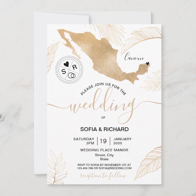 Wedding Destination Mexico Gold Movable Heart  Inv Invitation (Front)
