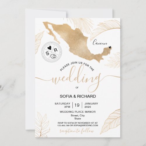 Wedding Destination Mexico Gold Movable Heart  Inv Invitation