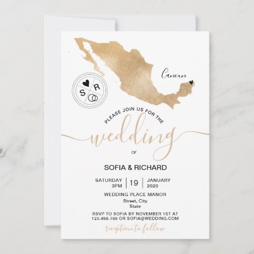 Wedding Destination Mexico Gold Movable Heart  Inv Invitation