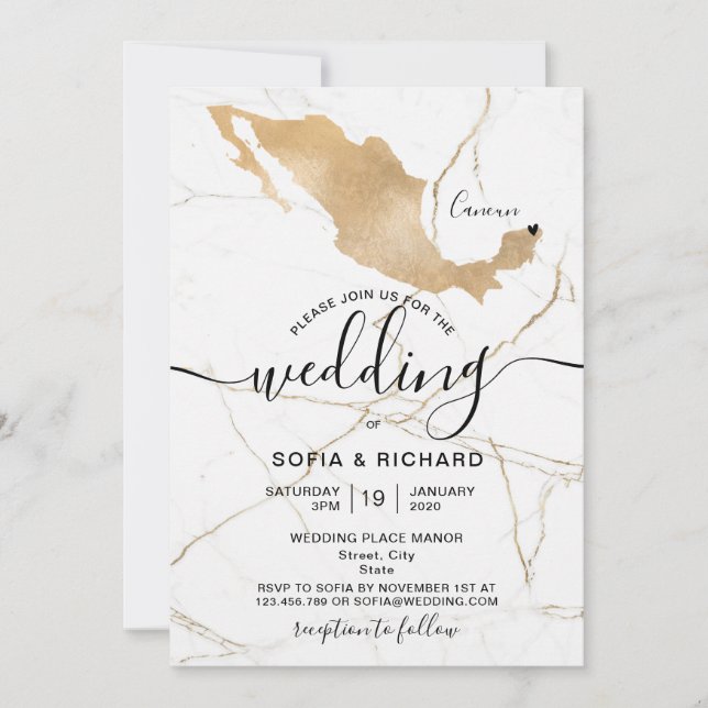 Wedding Destination Mexico Gold Movable Heart  Invitation (Front)