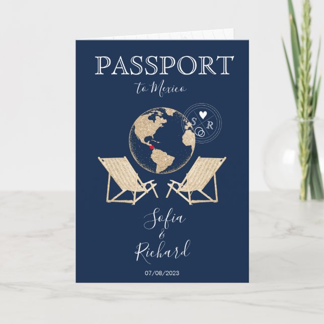 Wedding Destination Mexico Passport Gold World Map Invitation (Front)