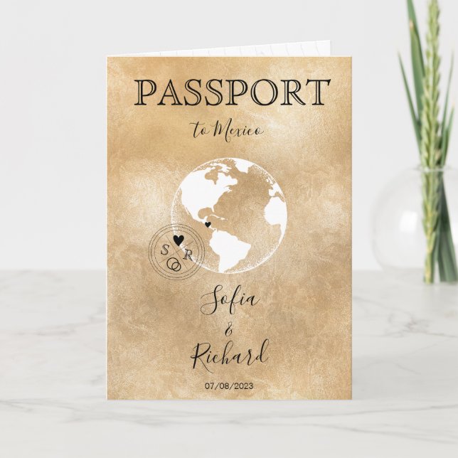 Wedding Destination Mexico Passport Gold World Map Invitation (Front)