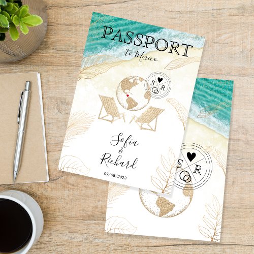 Wedding Destination Mexico Passport Gold World Map Invitation