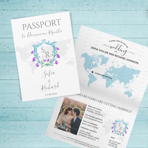 Wedding Destination Passport Blue Crest Monogram Invitation