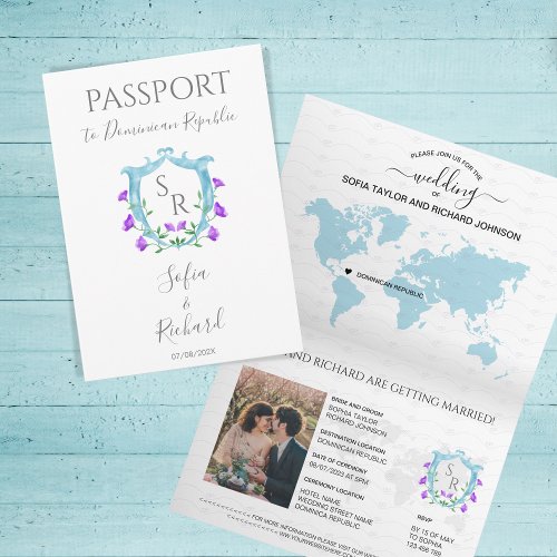 Wedding Destination Passport Blue Crest Monogram Invitation