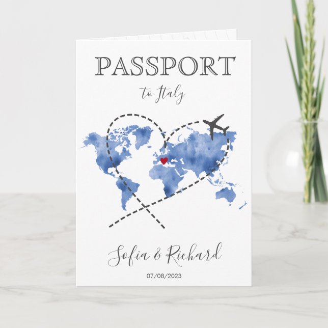 Wedding Destination Passport Blue World Map Invita Invitation (Front)