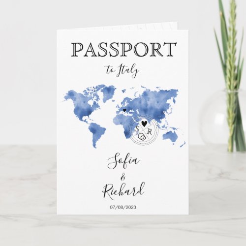 Wedding Destination Passport Blue World Map Invitation