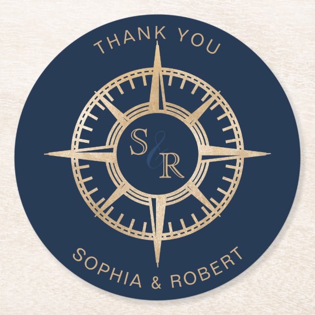 Wedding Destination Passport Compass Thank You Round Paper Coaster (Front)