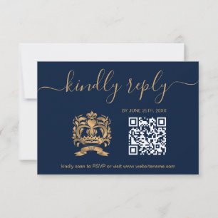 Wedding Destination Passport Gold Navy QR Code RSVP Card