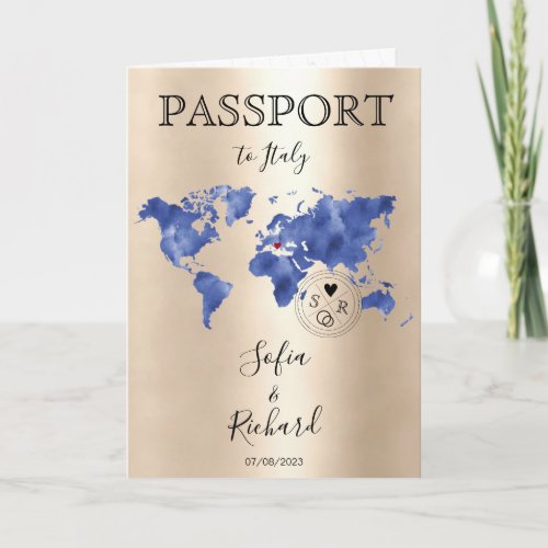 Wedding Destination Passport Gold World Map Blue I Invitation