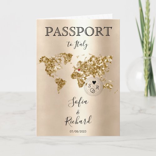 Wedding Destination Passport Gold World Map Blue I Invitation