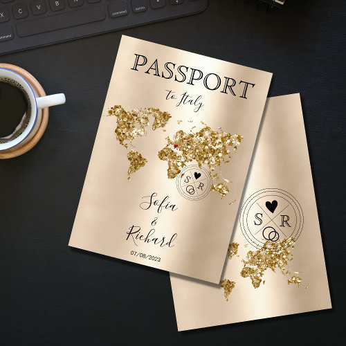 Wedding Destination Passport Gold World Map Blue I
