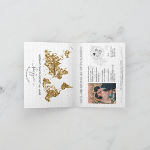 Wedding Destination Passport Gold World Map Blue I Invitation