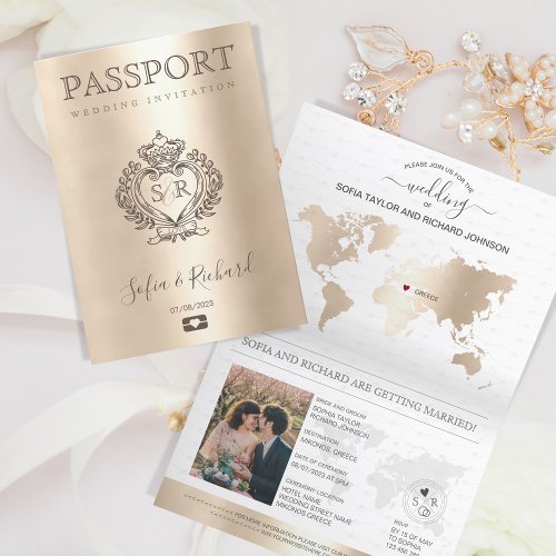 Wedding Destination Passport Gold World Map Greece Invitation