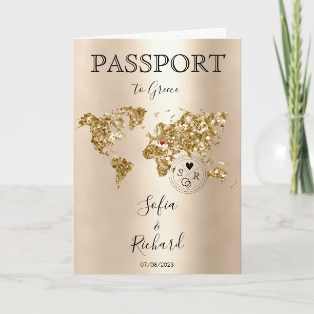 Wedding Destination Passport Gold World Map Greece Invitation (Front)