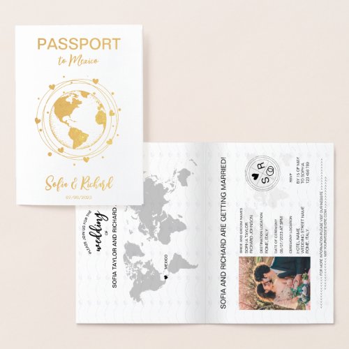 Wedding Destination Passport Gold World Map Heart Foil Card
