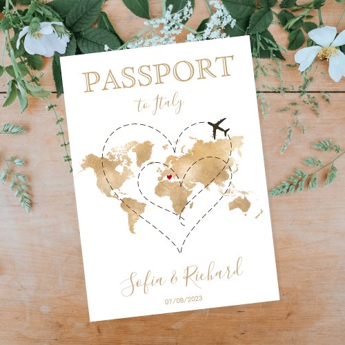 Wedding Destination Passport Gold World Map Heart Invitation