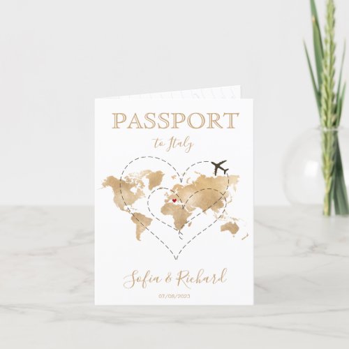 Wedding Destination Passport Gold World Map Heart