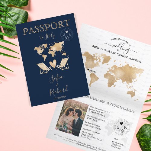 Wedding Destination Passport Gold World Map Invita Invitation