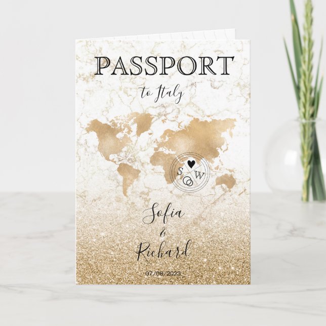 Wedding Destination Passport Gold World Map Invita Invitation (Front)