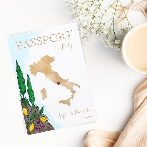 Wedding Destination Passport Gold World Map Italy Invitation