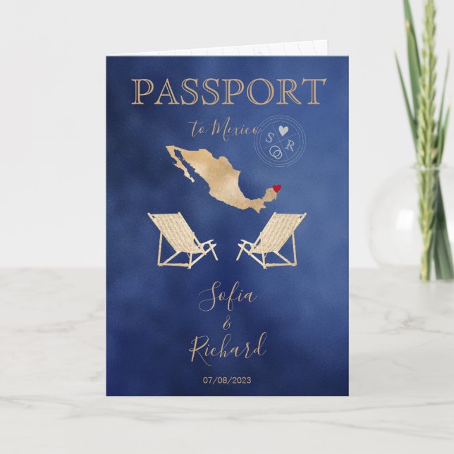 Wedding Destination Passport Gold World Map Mexico Invitation (Front)