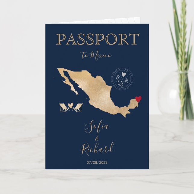 Wedding Destination Passport Gold World Map Mexico Invitation (Front)