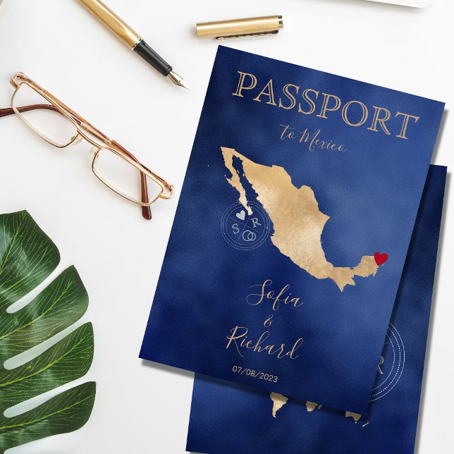 Wedding Destination Passport Gold World Map Mexico Invitation (Creator Uploaded)