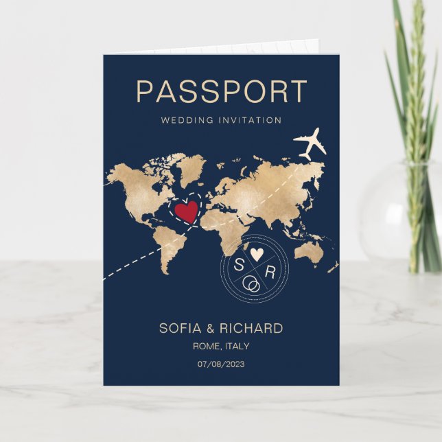 Wedding Destination Passport Gold World Map Plane  Invitation (Front)