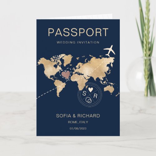 Wedding Destination Passport Gold World Map Plane  Invitation