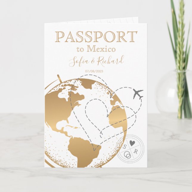 Wedding Destination Passport Gold World Map Plane  Invitation (Front)