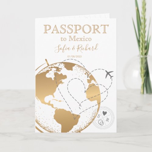 Wedding Destination Passport Gold World Map Plane 