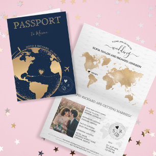 Wedding Destination Passport Gold World Map Plane Invitation
