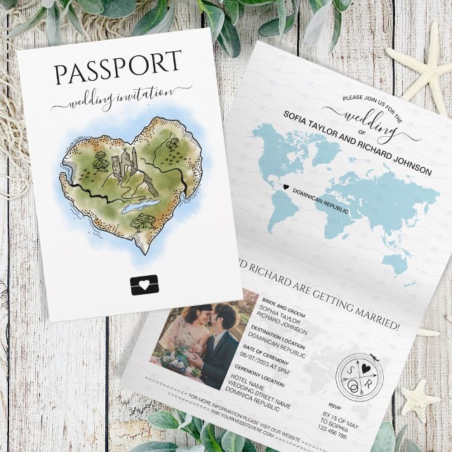 Wedding Destination Passport Illustrated Heart Map Invitation (Creator Uploaded)