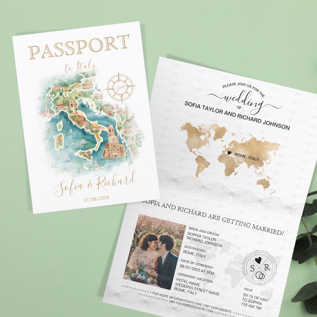 Wedding Destination Passport  Italy Map Invitation (illustrated watercolor italy map)