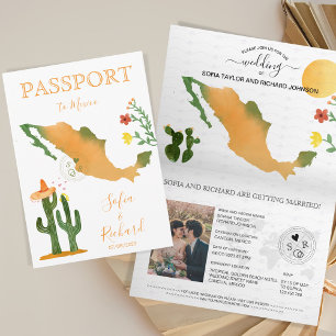 Wedding Destination Passport Mexico Map Watercolor Invitation