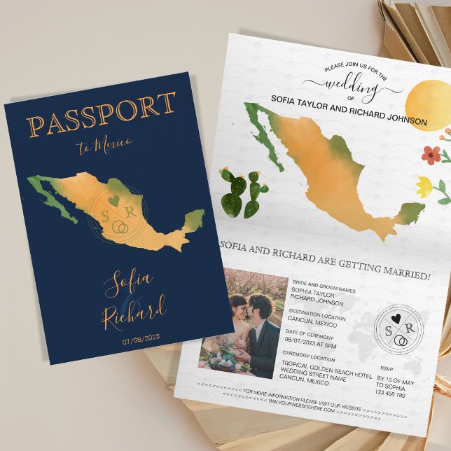 Wedding Destination Passport Mexico Map Watercolor Invitation (Creator Uploaded)