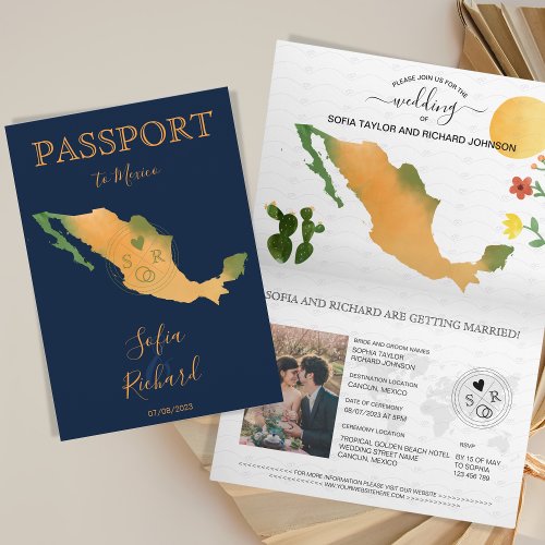 Wedding Destination Passport Mexico Map Watercolor Invitation